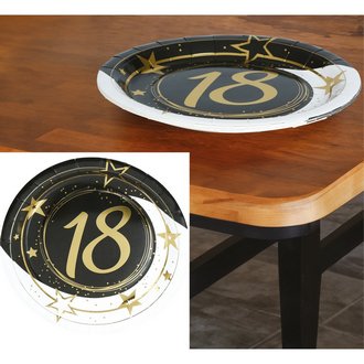 18. Születésnapi Parti Papírtányér Szett, Fekete-Arany, 6 db, 23 cm
