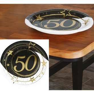 6 darab 50-es Szülinapi Parti Tányér, Fekete-Arany, 23 cm