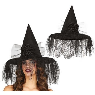 Boszorkány Kalap Pókhálós Fátyollal és Virággal Nőknek Halloweenre