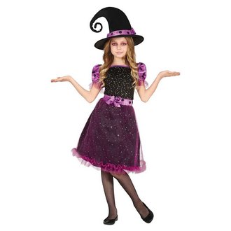 Csillagos Lila Boszorkány Lány Jelmez Csavart Kalappal Halloweenre