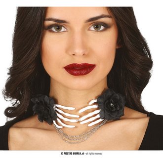 Csontváz Kéz Choker Nyaklánc Nőknek, Fekete Rózsa Díszítéssel Halloweenre