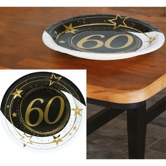 Elegáns Fekete-Arany Születésnapi Papírtányér 60. Születésnapra, 6 db, 23 cm