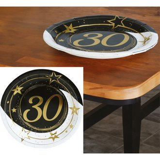 Fekete-Arany 30. Születésnapi Papírtányér Szett, 6 db, 23 cm