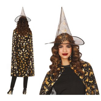 Fekete-Arany Boszorkány Kalap és Köpeny Szett Nőknek Halloweenre, 110 cm