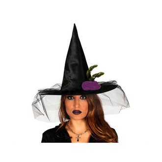 Fekete Boszorkány Kalap Fátyollal, Tollakkal és Rózsával Női Halloweenre