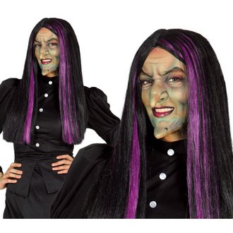 Fekete Boszorkány Paróka Lila Csíkokkal Nőknek Halloweenre