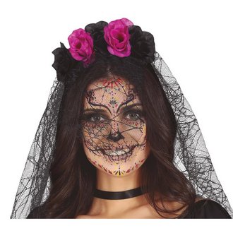 Fekete Catrina Virágos Fejdísz Fátyollal Nőknek Mexikói Halottak Napjára