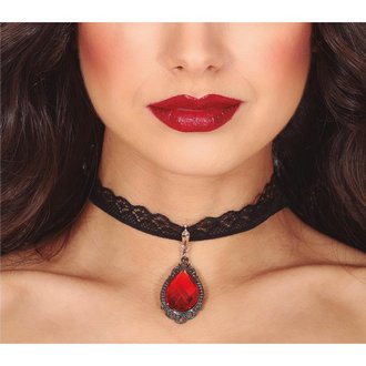 Fekete Csipke Choker Nyaklánc Piros Rubint Medállal Halloweenre, 5 cm