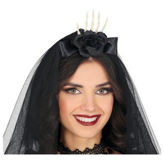 Fekete Fátylas Fejpánt Csontváz Kézzel és Rózsával Nőknek Halloweenre