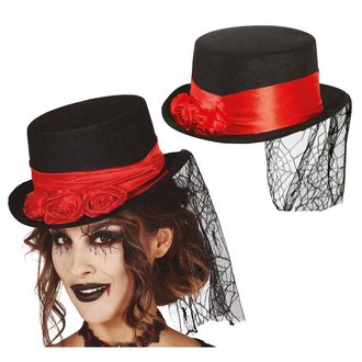 Filc Vámpír Cilinder Kalap Nőknek Halloweenre, Fátyollal