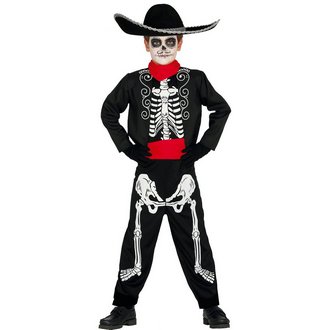 Fiú Mariachi csontváz jelmezszett – fekete, piros, 10 - 12 év