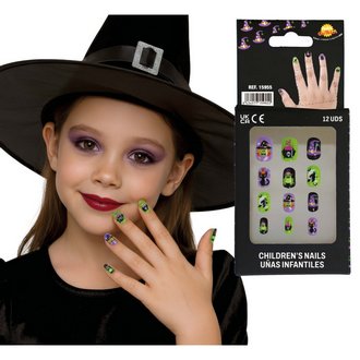 Halloween Boszorkányos Műköröm Szett Ragasztóval Gyerekeknek, 12 db