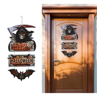 Halloween Fa Akasztós Tábla Kaszással és Denevérrel