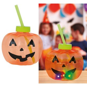 Halloween Tök Pohár Szívószállal, LED Világítással, 17 cm
