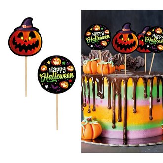 Halloween Torta Díszítő Pálcák Töklámpás és Happy Halloween Designnal, 12 db, 6 cm