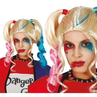 Harley Quinn Stílusú Szőke Paróka Rózsaszín és Kék Copfokkal Nőknek Halloweenre