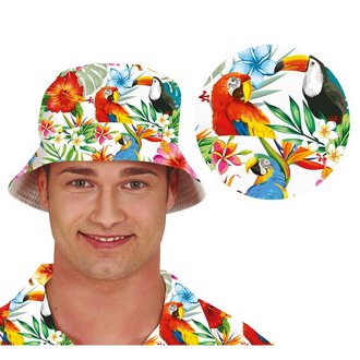 Hawaii Mintás Vödörkalap Papagájokkal és Trópusi Virágokkal Unisex Felnőtteknek