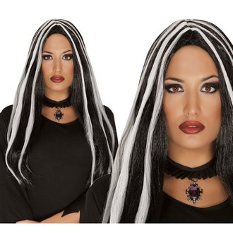 Hosszú Fekete Paróka Fehér Csíkokkal Nőknek Halloweenre