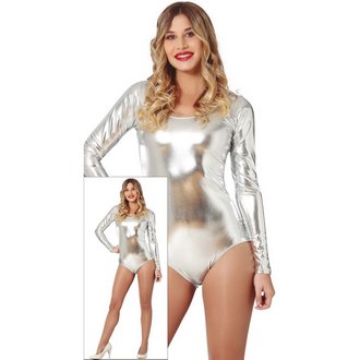 Hosszú Ujjú Fényes Ezüst Női Body