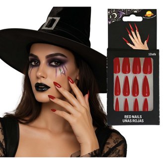 Hosszú Vörös Műköröm Szett Ragasztóval Halloweenre, 12 db