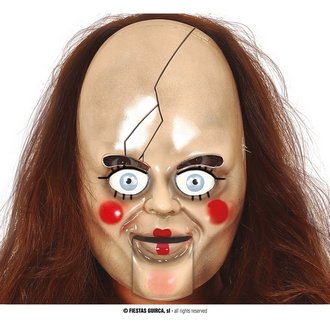 Ijesztő Baba Maszk Hosszú Barna Hajjal Halloweenre