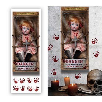Ijesztő Gyilkos Baba Falmatrica Szett Halloweenre, 25x70 cm
