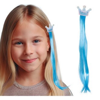 Kék Koronás Hajcsat Hajpótlékkal Lányoknak, 35 cm