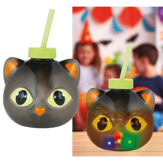 LED-es Fekete Macska Pohár Szívószállal Halloweenre, 17 cm