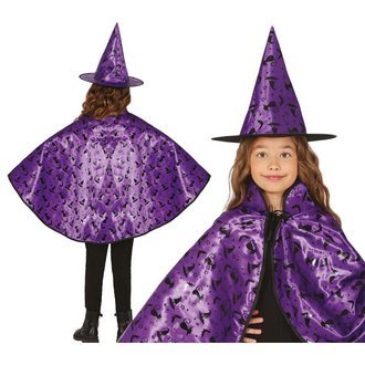 Lila Boszorkány Köpeny és Kalap Szett Lányoknak Halloweenre, 50 cm