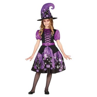 Lila-Fekete Kísértetházas Boszorkány Jelmez Lányoknak Halloweenre
