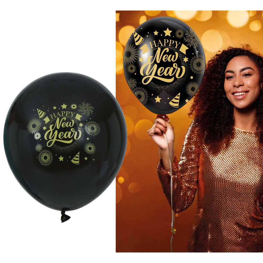 10 darab Fekete Happy New Year Léggömb Szilveszterre