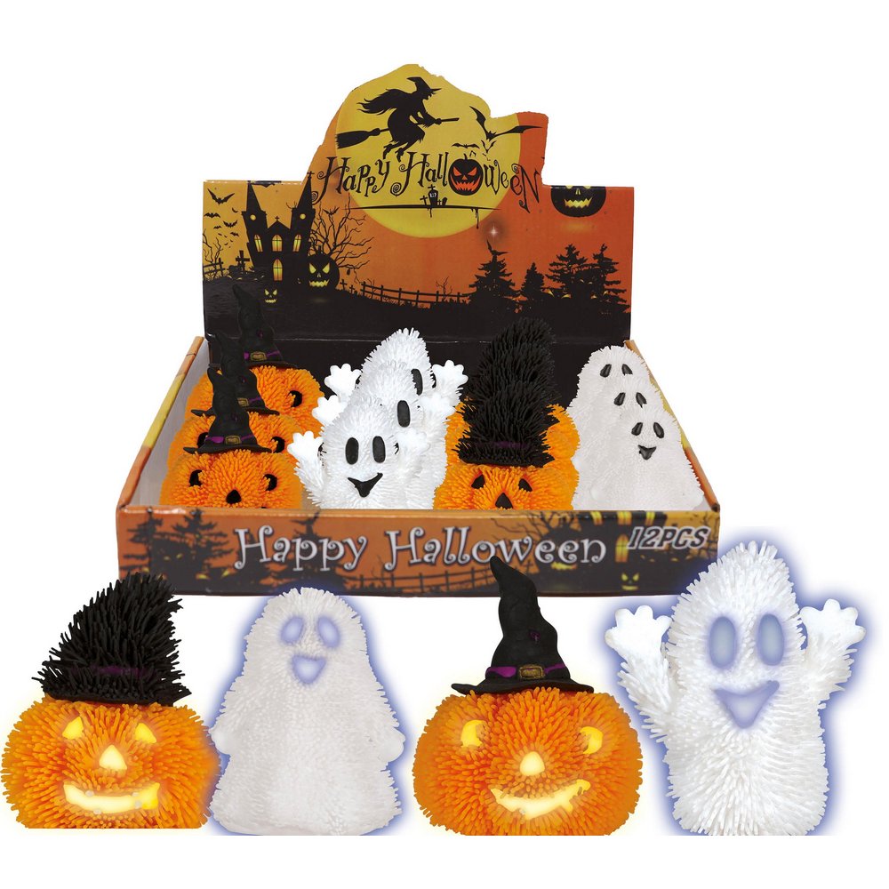 12 darabos Vegyes Világító Tök és Szellem Gumifigurák Halloweenre, 7 cm