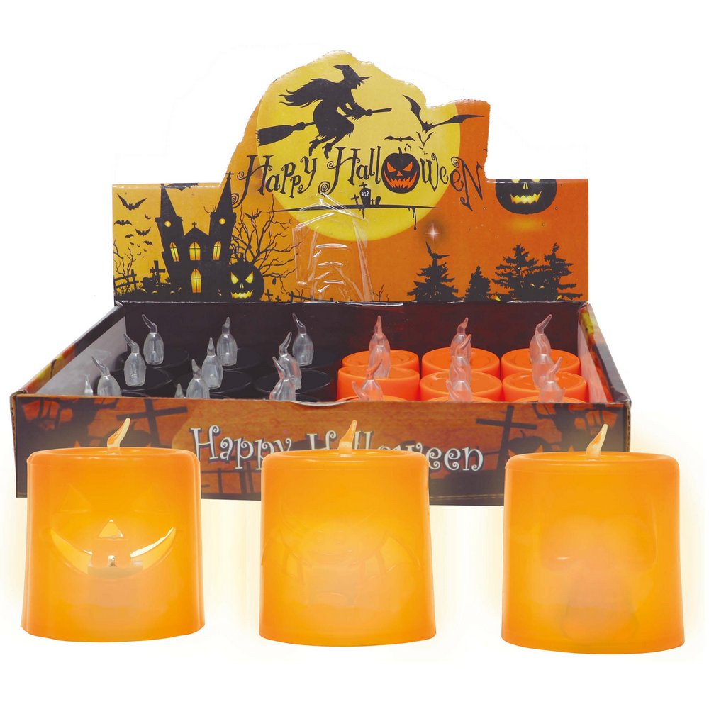 12 db LED Gyertya Szett Halloweenre, Fekete és Narancssárga Töklámpás Mintával, 4.5 x 4.5 cm