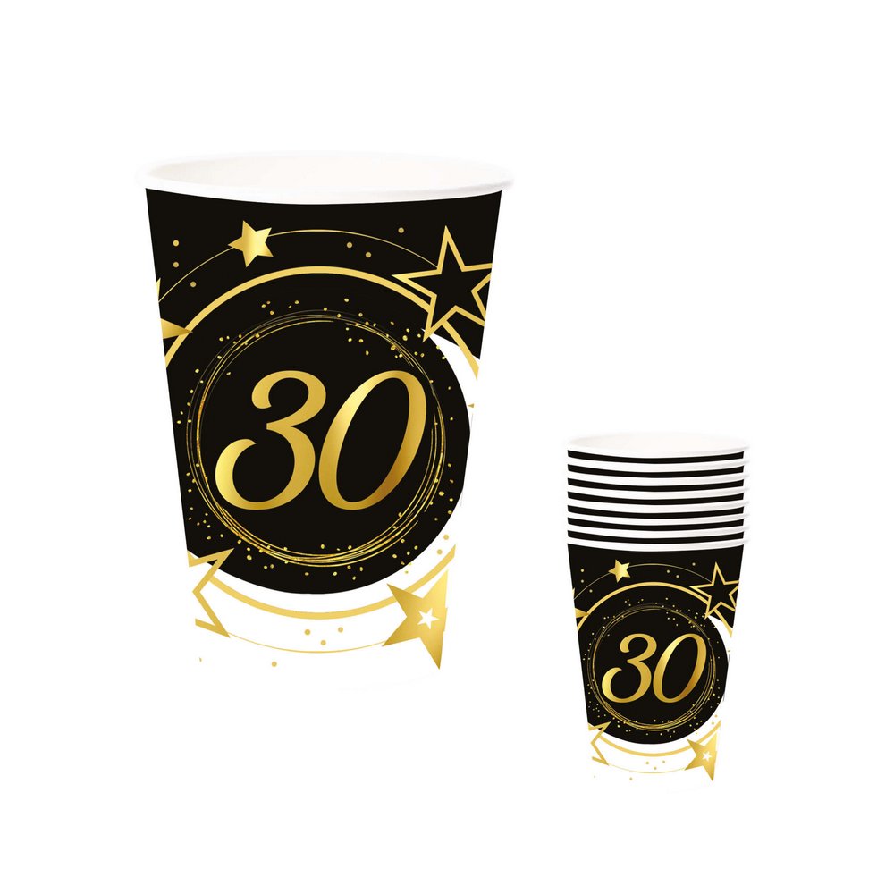 30. Születésnapi Papír Pohár Szett, 6 db, 240 ml, 9 cm