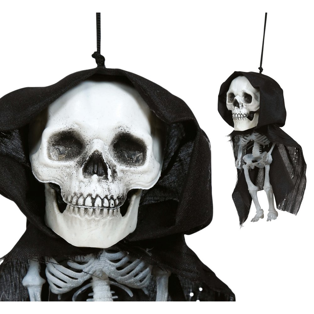 Akasztható Nagyfejű Kapucnis Csontváz Dekoráció Halloweenre, 15 cm
