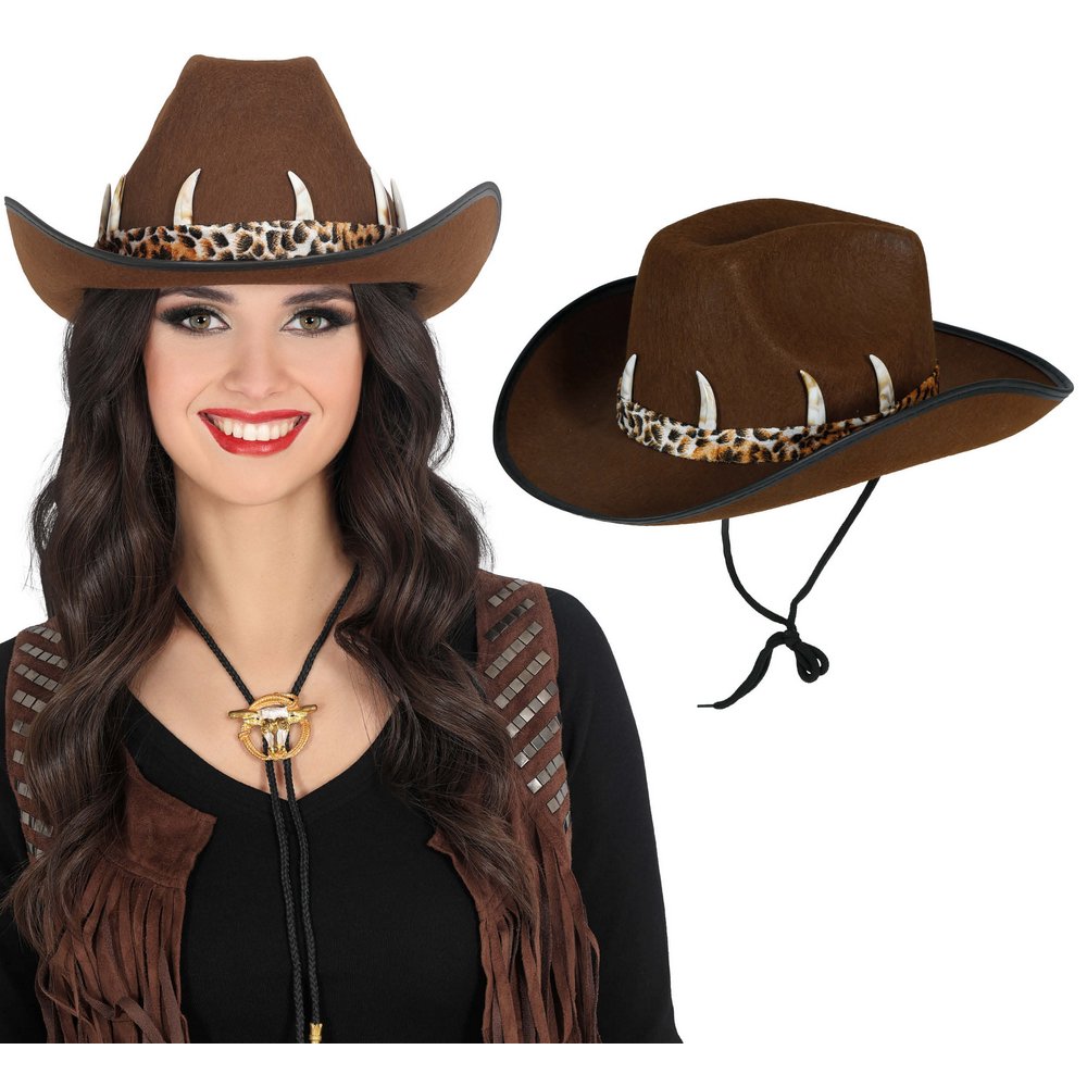 Barna Ausztrál Cowboy Kalap Felnőtteknek, Leopárdmintás Szalaggal és Fogakkal