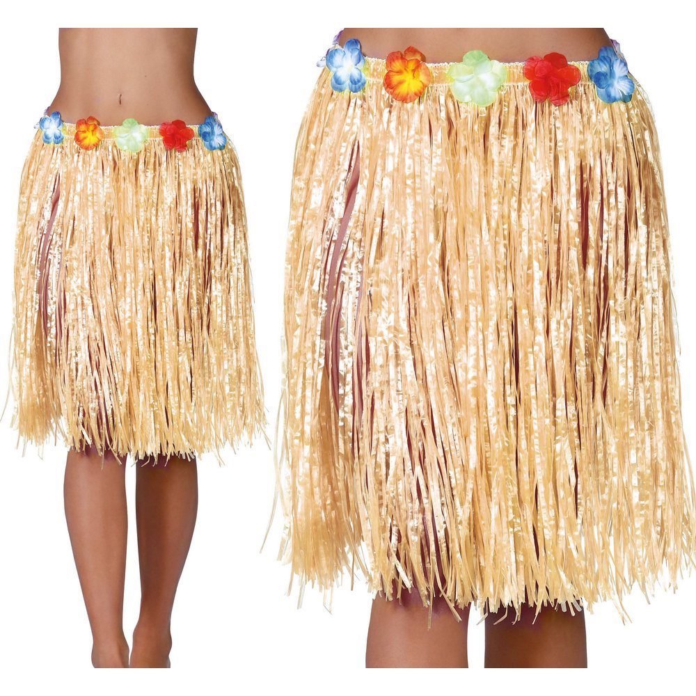 Bézs Hawaii Szoknya Virágokkal Nőknek,  55 cm