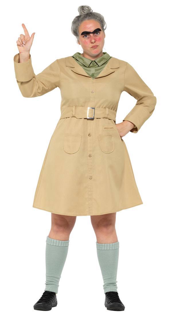 Bézs Roald Dahl Matilda a Kiskorú Boszorkány Miss Trunchbull Jelmez Nőknek Kabáttal, Lábmelegítővel és Szemöldökkel - S