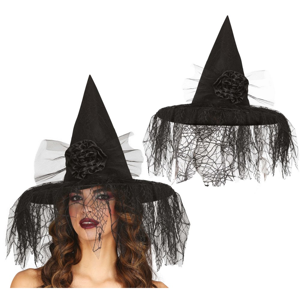 Boszorkány Kalap Pókhálós Fátyollal és Virággal Nőknek Halloweenre