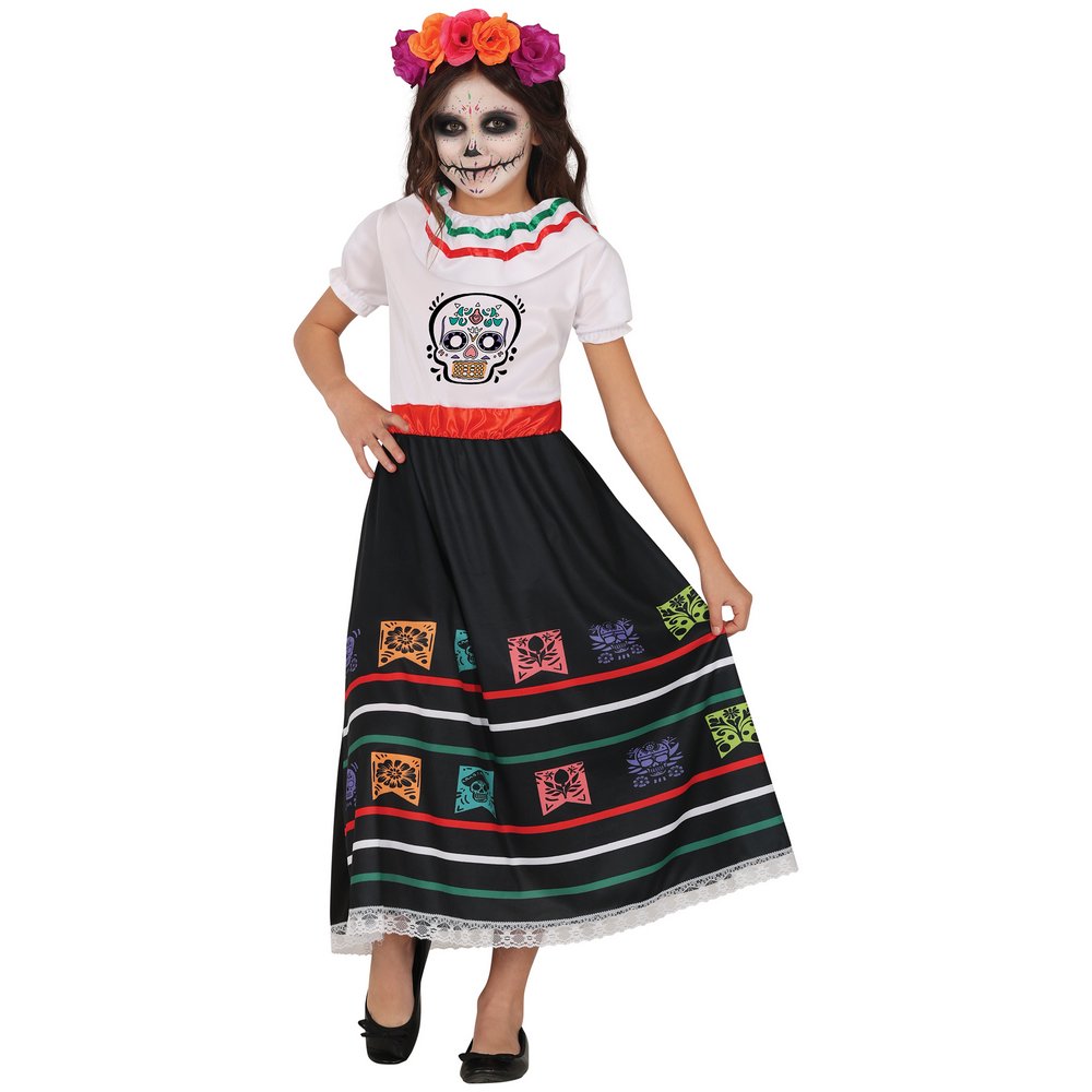 Catrina Koponya Lány Jelmez Mexikói Halottak Napjára, 10 - 12 Év, Fehér, Fekete
