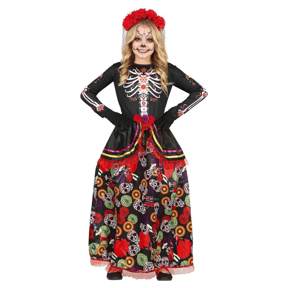 Catrina Lány Jelmez Mexikói Halottak Napjára, 3 - 4 Év, Fekete, Többszínű