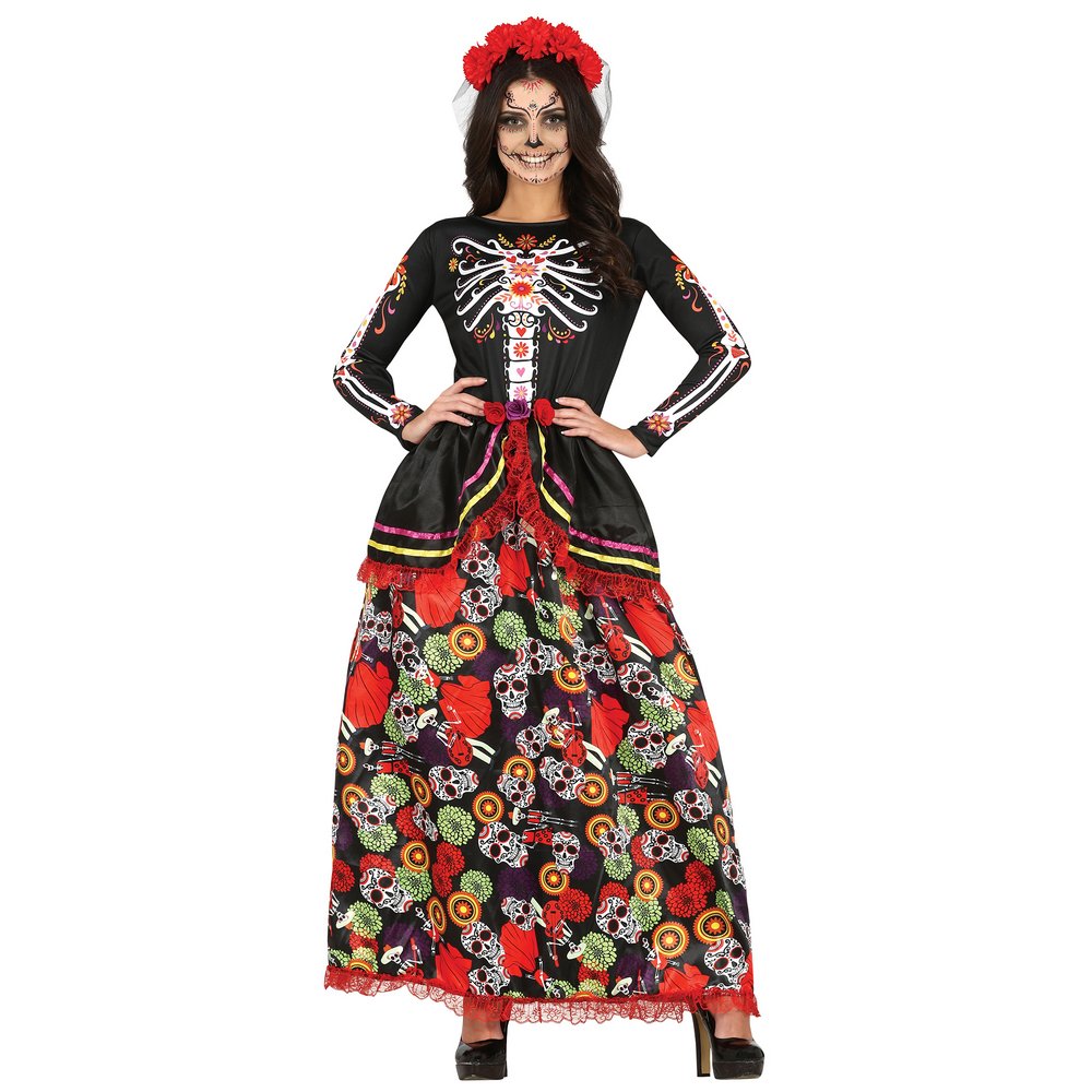 Catrina Lány Jelmez Mexikói Halottak Napjára, L (42-44), Fekete, Többszínű