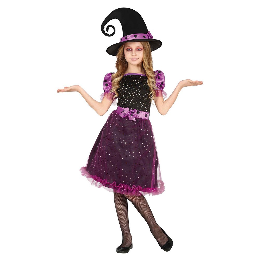 Csillagos Lila Boszorkány Lány Jelmez Csavart Kalappal Halloweenre, 7 - 9 Év