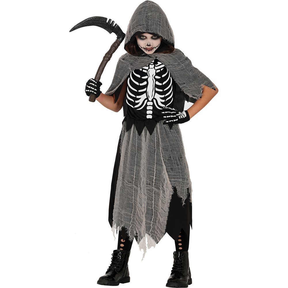 Csontváz Kaszás Lány Jelmez Halloweenre, 7 - 9 Év, Fekete, Szürke