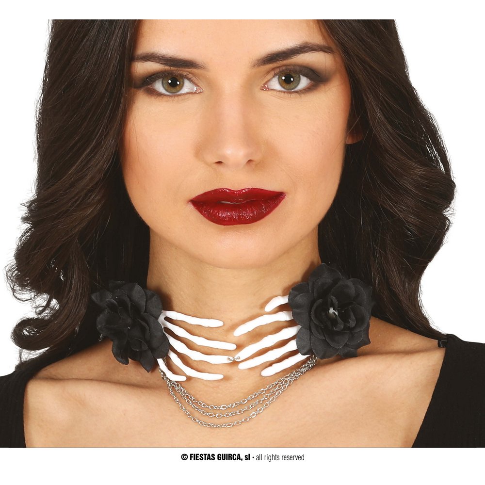 Csontváz Kéz Choker Nyaklánc Nőknek, Fekete Rózsa Díszítéssel Halloweenre