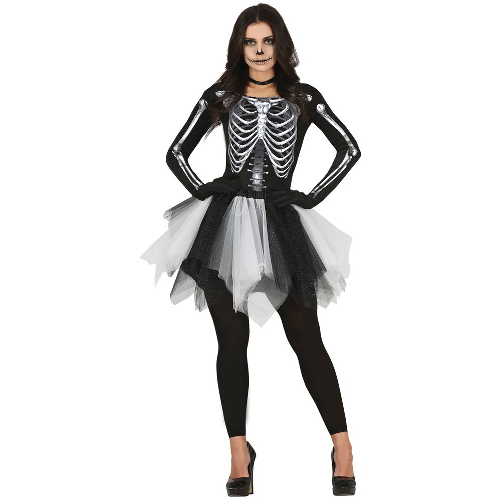 Csontváz Tütü Jelmez Ruha Lányoknak Halloweenre, L (42-44), Fekete, Fehér