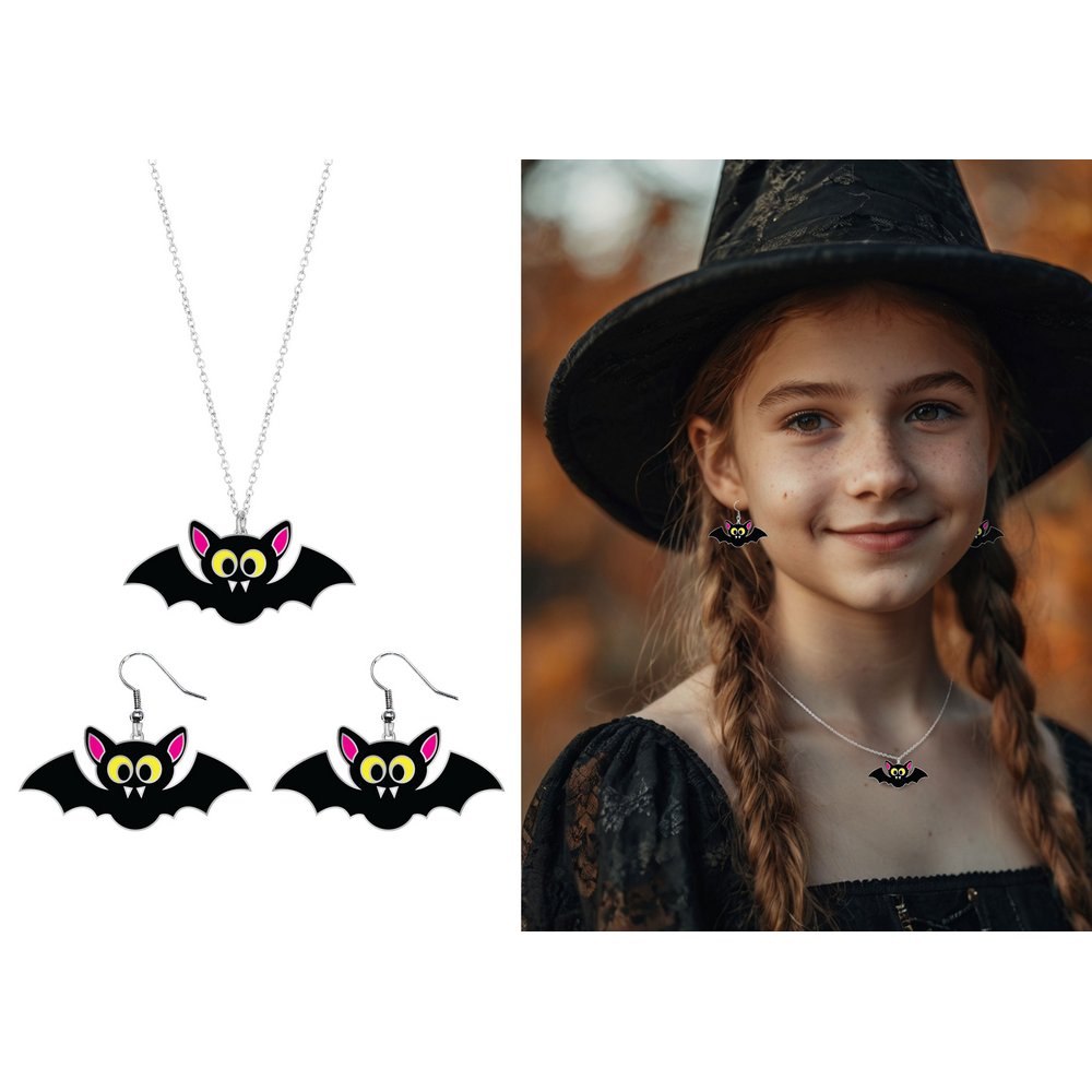 Denevér Fülbevaló és Nyaklánc Szett Lányoknak Halloweenre