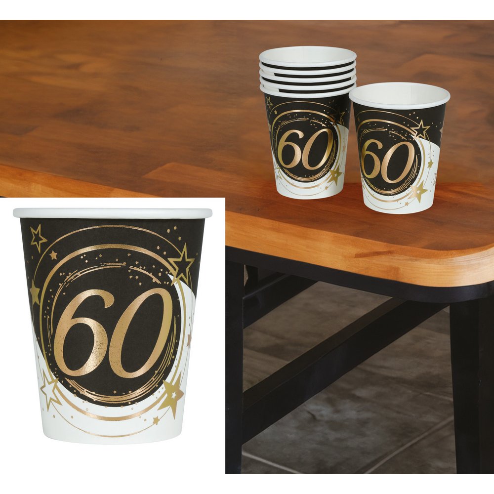 Elegáns 60. Születésnapi Papír Pohár Szett, 6 db, 240 ml, 9 cm
