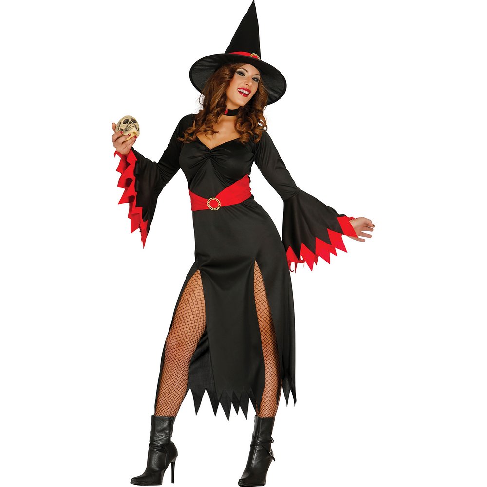 Elegáns Fekete és Vörös Boszorkány Jelmez Nőknek Halloweenre