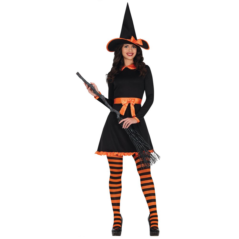 Elegáns Fekete-Narancs Boszorkány Női Jelmez Halloweenre, L (42-44), Fekete, Narancssárga